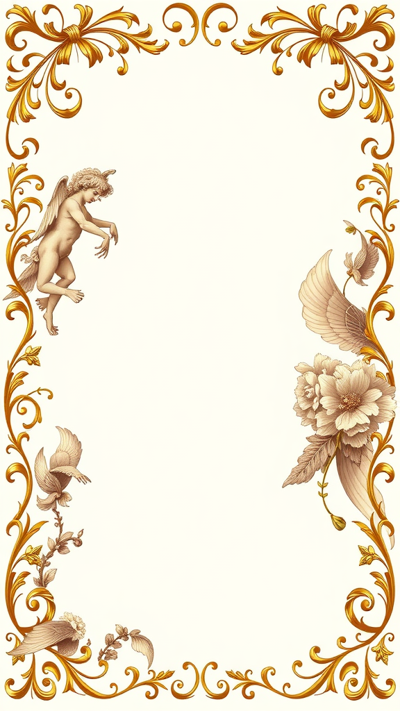 A Rococo-style invitation border featuring cherubs and floral motifs in gold tones.