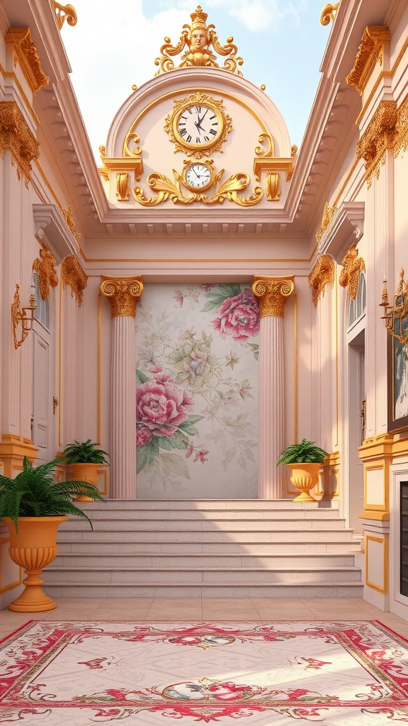An ornate interior space featuring Rococo design elements, including gold accents, pink walls, and floral decorations.