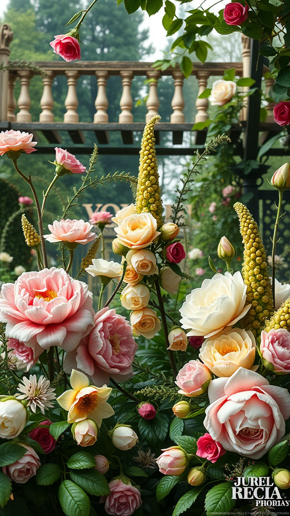 A vibrant floral arrangement featuring various roses in pastel colors, embodying Rococo style.