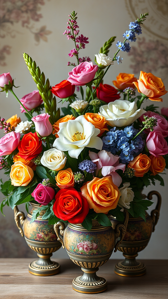 A vibrant arrangement of multicolored flowers in ornate gold vases