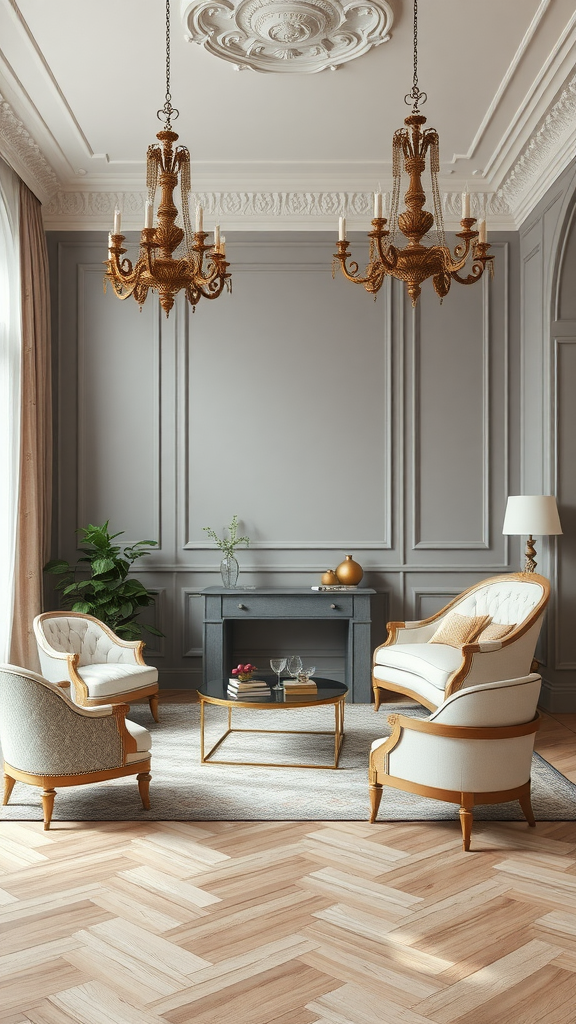 A stylish room with Rococo influences, featuring elegant chairs, a chandelier, and a modern coffee table.