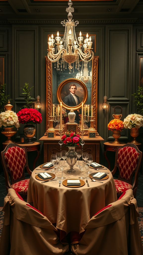 A luxurious dining table set for a Rococo-themed party, featuring a chandelier, floral arrangements, and elegant tableware.