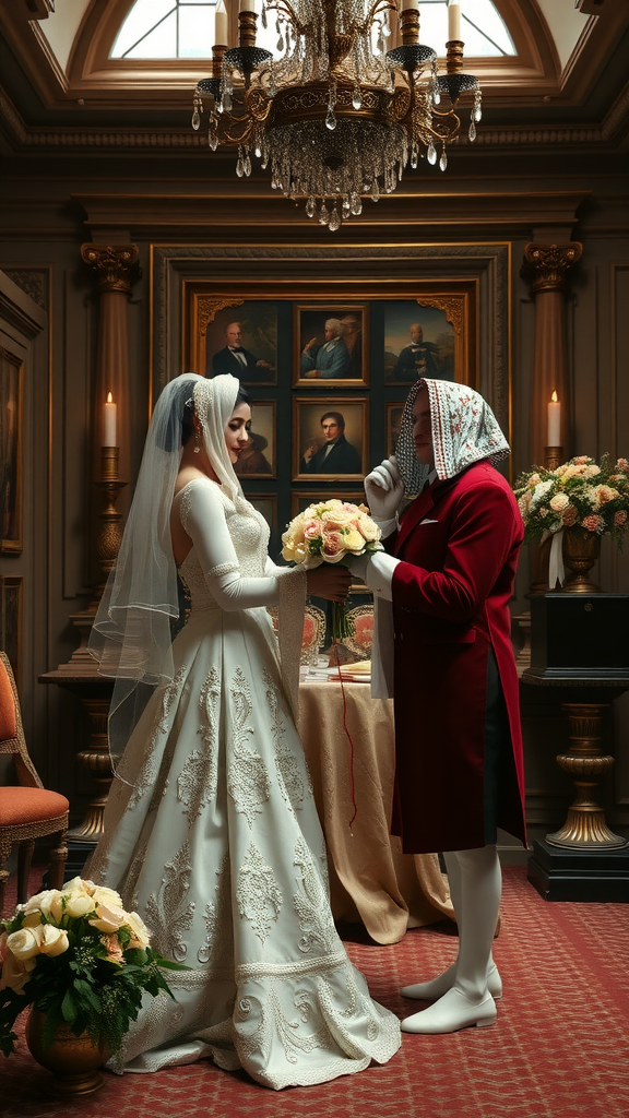 Rococo wedding couple in an elegant setting with ornate decor