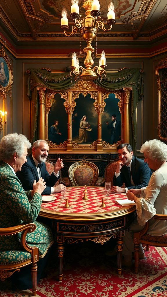 A group of four elegantly dressed people playing a game at a lavish Rococo-themed party, surrounded by ornate decor.