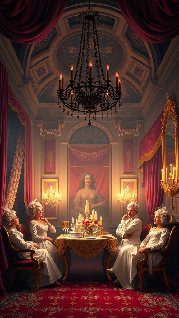 A lavish Rococo Party setting with elegant decor and figures in white attire.