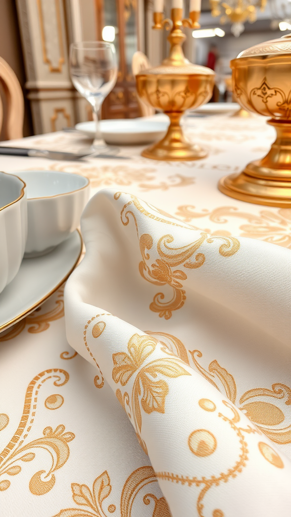 Elegant table setting featuring Rococo patterned linens in cream and gold.