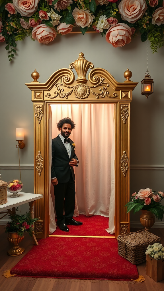 A beautifully decorated Rococo themed photo booth with a golden frame, red carpet, and floral arrangements.