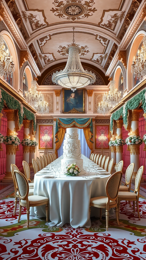 An elegant Rococo-themed wedding reception setting with a grand table, chandelier, and ornate decorations.