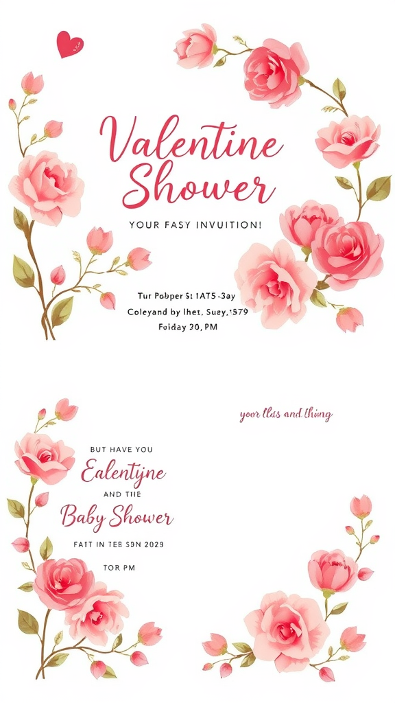 A beautifully designed invitation for a romantic baby shower featuring pink roses and hearts.
