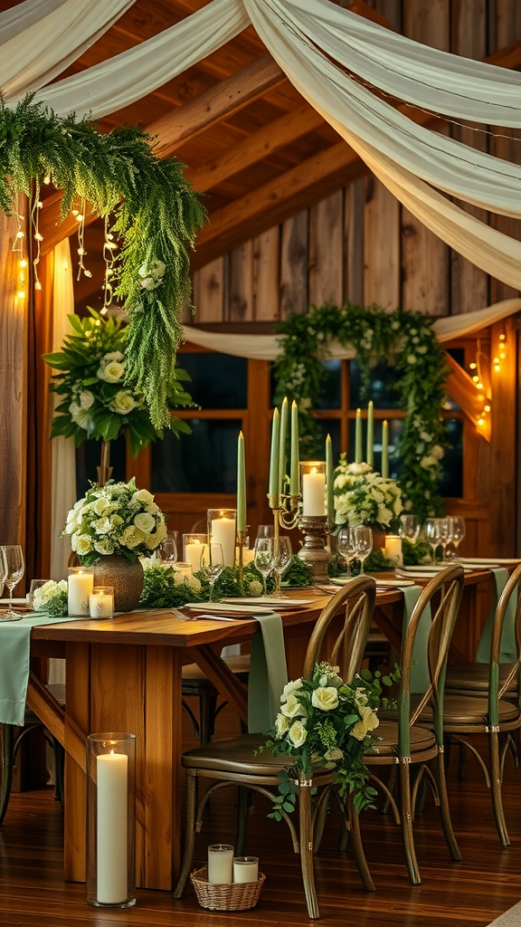A rustic dining setup featuring a wooden table with sage green decor, white flowers, and candles, creating an inviting atmosphere.