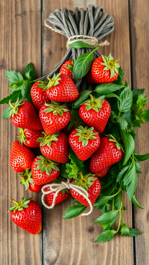 A bundle of fresh strawberries and herbs tied together on a wooden surface.