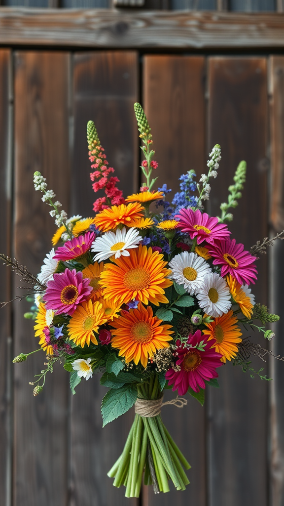 A vibrant rustic wildflower bouquet featuring various colorful flowers against a wooden background.