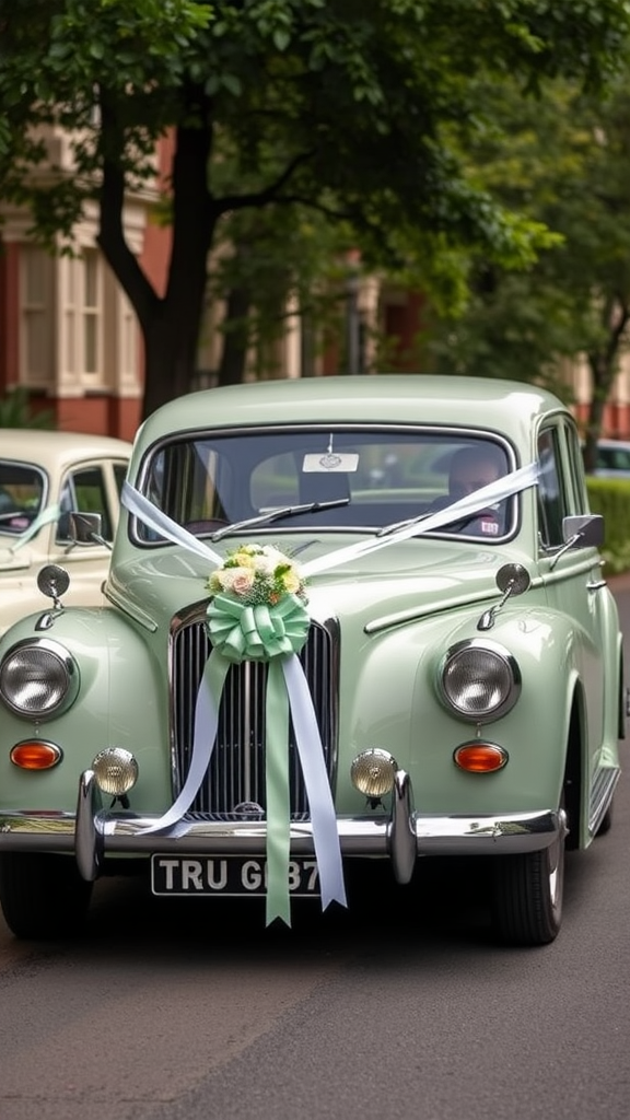 A vintage sage green car decorated for a wedding