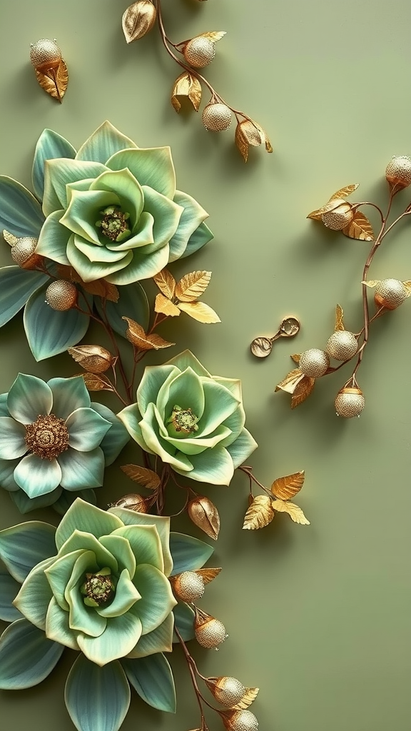 A display of flowers in shades of sage green with gold accents against a soft green background.