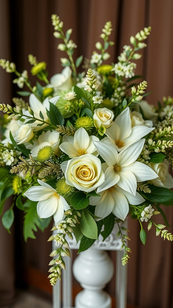 A floral arrangement with white flowers and green foliage in a decorative vase.