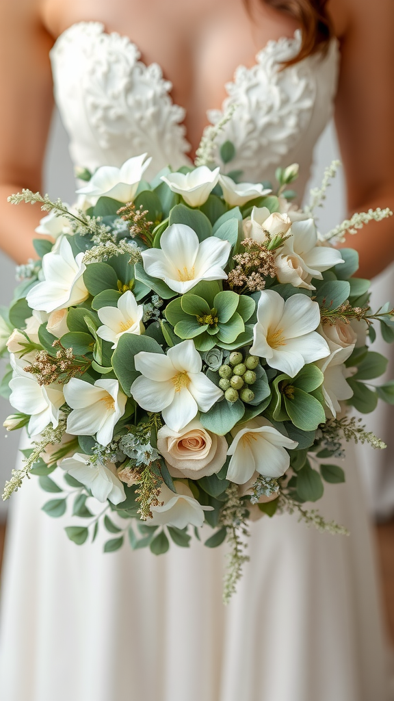 Bridal bouquet with white flowers and sage green foliage