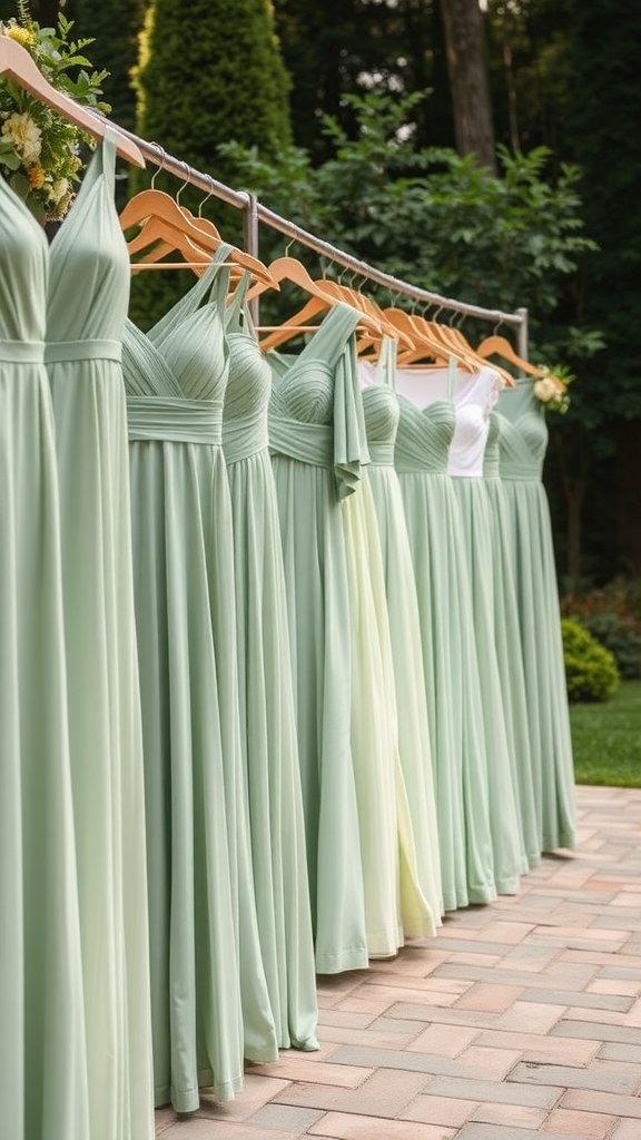 A selection of sage green bridesmaid dresses hanging on a rack, showcasing various styles and shades.