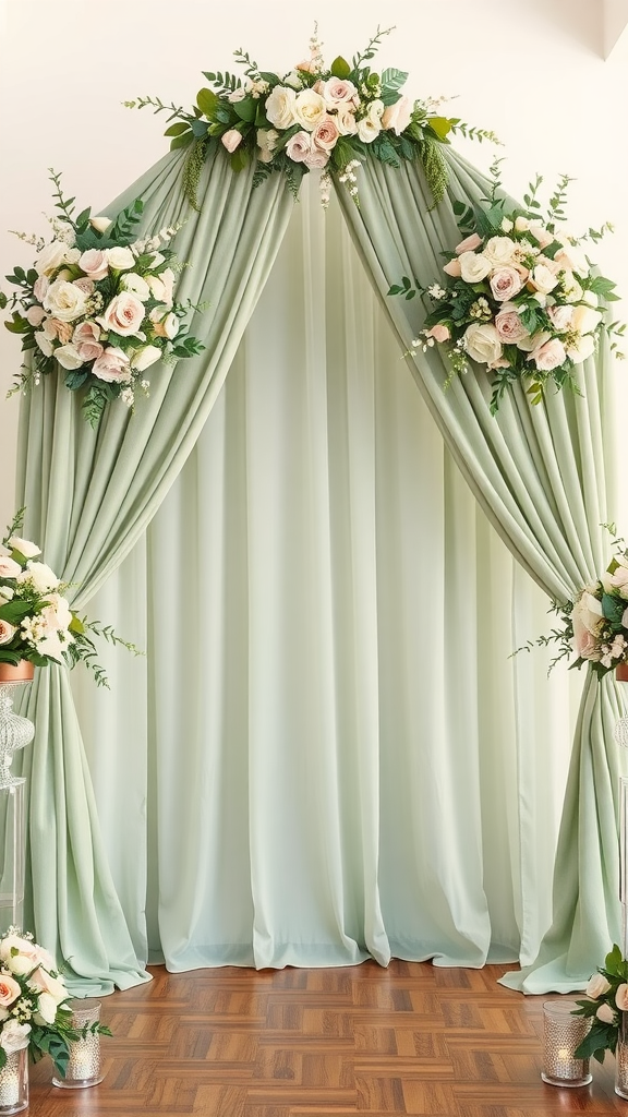 A sage green ceremony backdrop with floral arrangements, perfect for weddings.