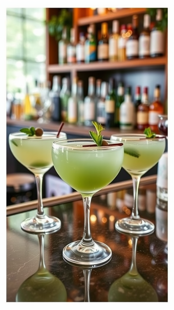 Three sage green cocktails with garnishes on a bar counter