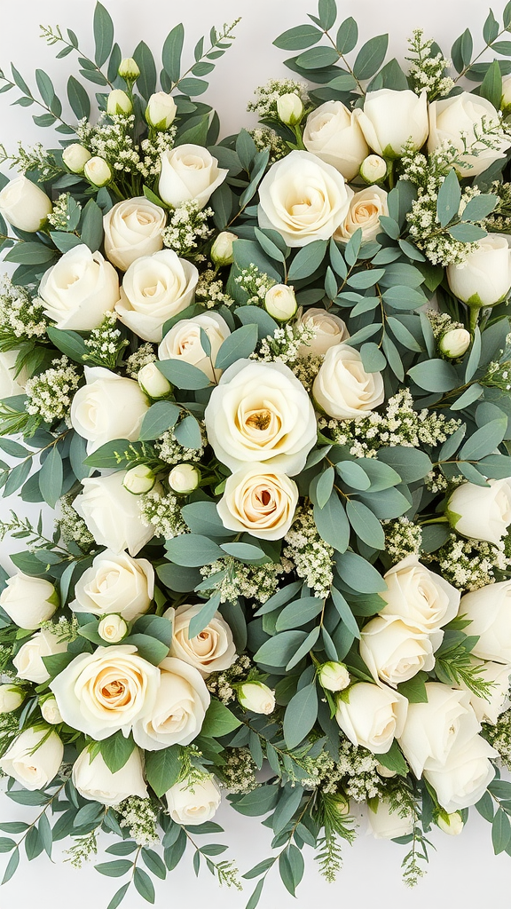 A beautiful arrangement of white roses with sage green foliage.