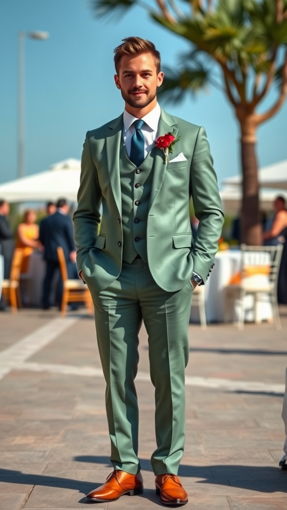 A groom in a sage green suit with a red rose boutonniere, standing confidently at a wedding.