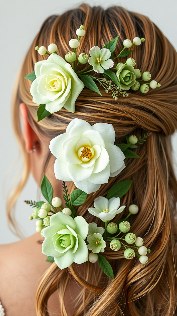 A close-up view of a bride's hair adorned with sage green floral accessories.