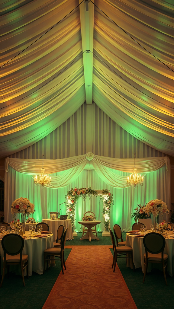 Elegant wedding venue with sage green lighting effects