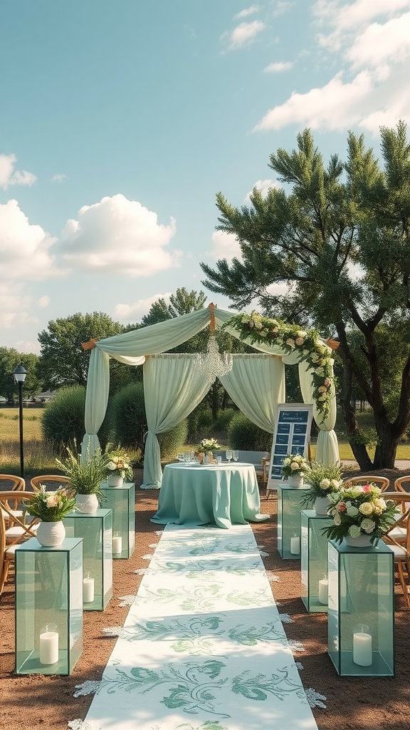 A serene outdoor wedding setup with sage green decor, featuring a decorated altar, floral arrangements, and a candle-lit pathway.