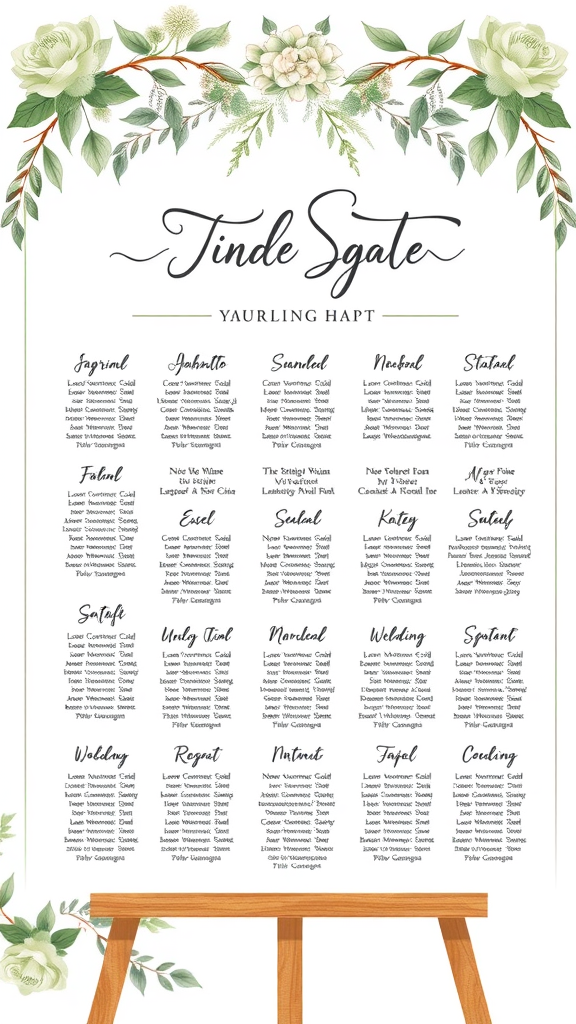 A beautifully designed seating chart in sage green with floral accents, listing names and tables for an event.