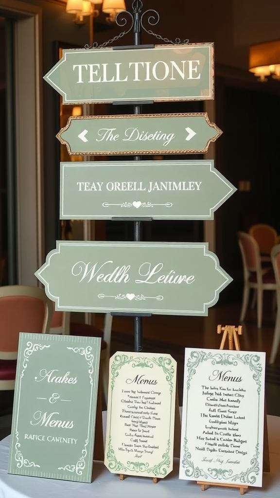 A decorative display of sage green signage showing directions and menus
