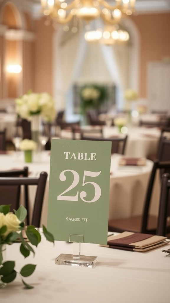 A sage green table number 25 in a stylish wedding setting.