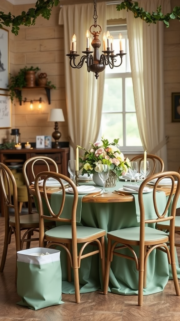 A dining table set with sage green tablecloth and flowers, surrounded by wooden chairs and a chandelier.