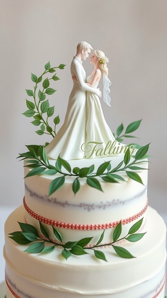 A wedding cake topper featuring a couple embracing, adorned with sage green leaves.