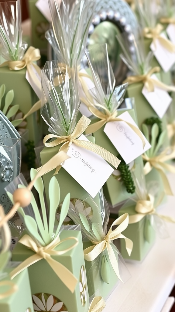 Beautifully arranged sage green wedding favors with ribbons and tags