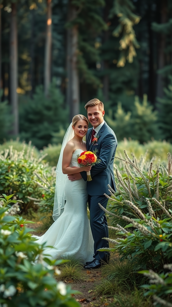 A happy couple in a lush green forest, the bride in a white gown and the groom in a dark suit, holding a colorful bouquet