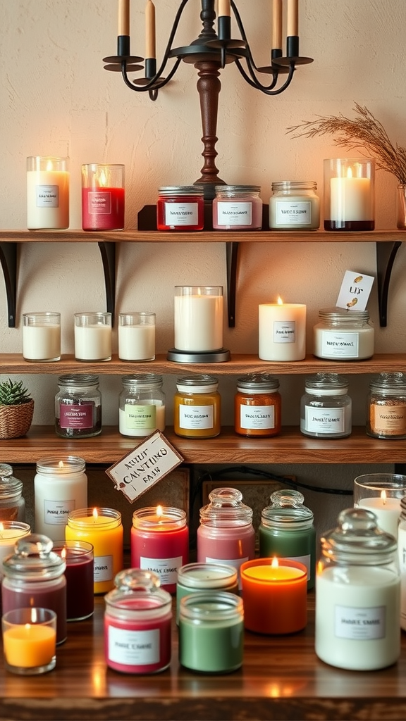 A cozy candle making station with various scented candles on display.