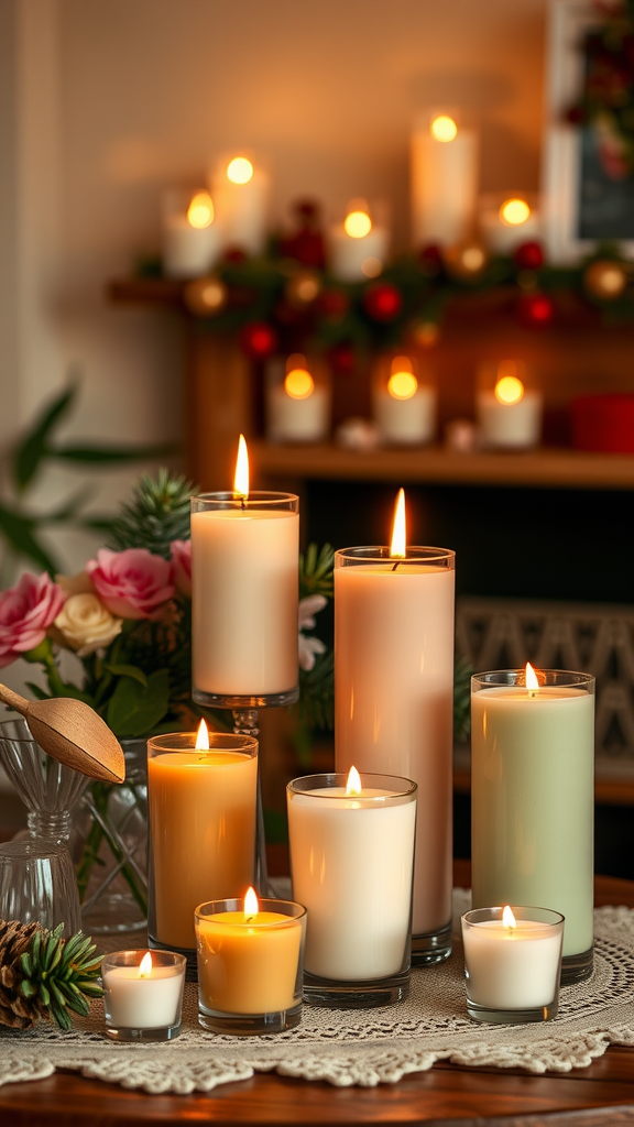 A collection of beautiful scented candles displayed in a cozy setting