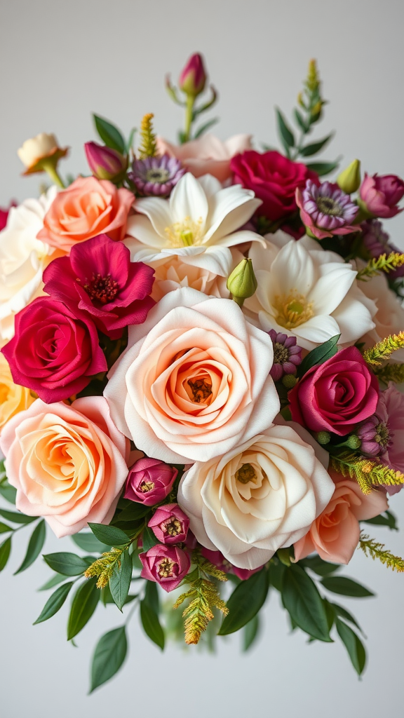 A beautiful bouquet featuring roses, lilies, and greenery in soft peach, white, and red hues.