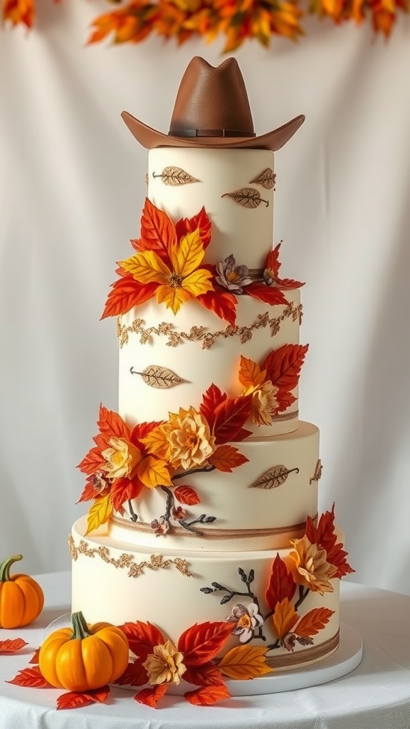 A beautifully decorated autumn-themed cowboy wedding cake with a brown hat on top and colorful leaves and flowers.