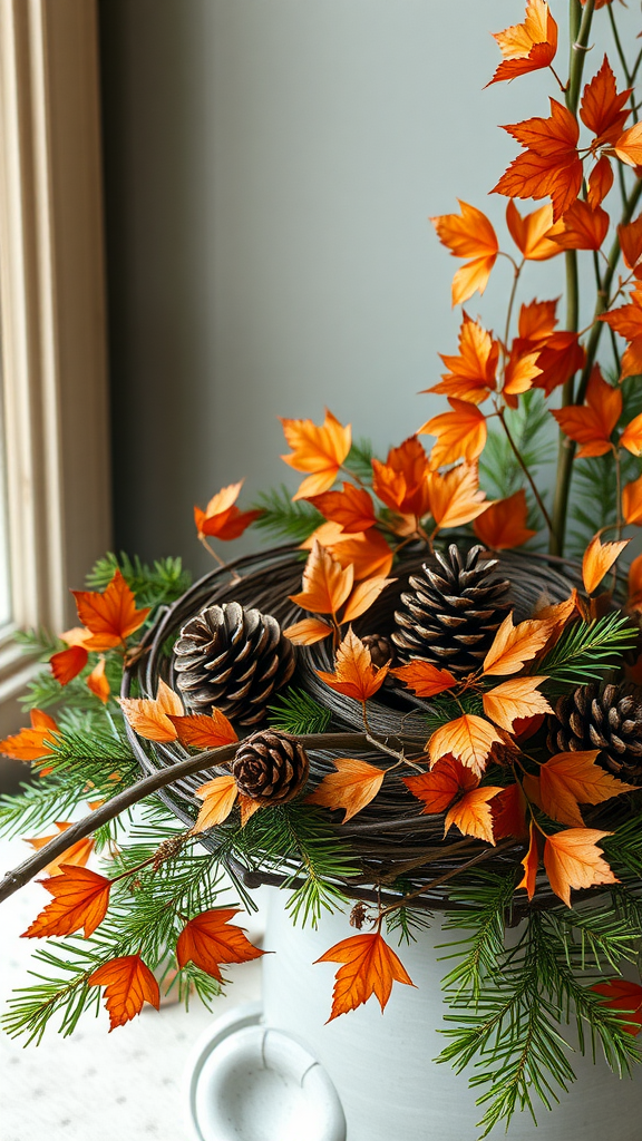 A decorative arrangement featuring orange leaves and pine cones in a gray pot.