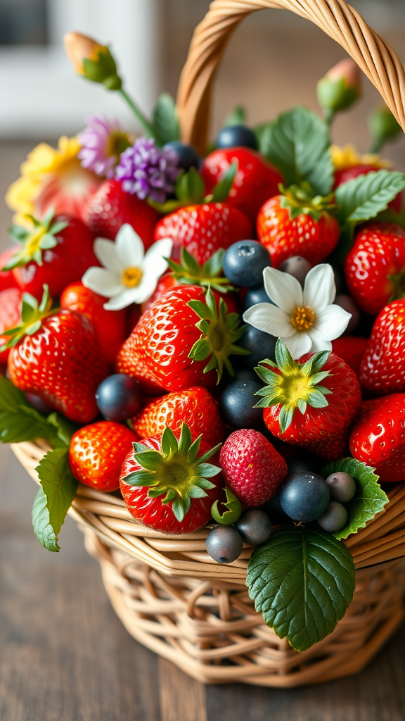 A basket filled with fresh strawberries, blueberries, and flowers. Strawberry Centerpiece Ideas
