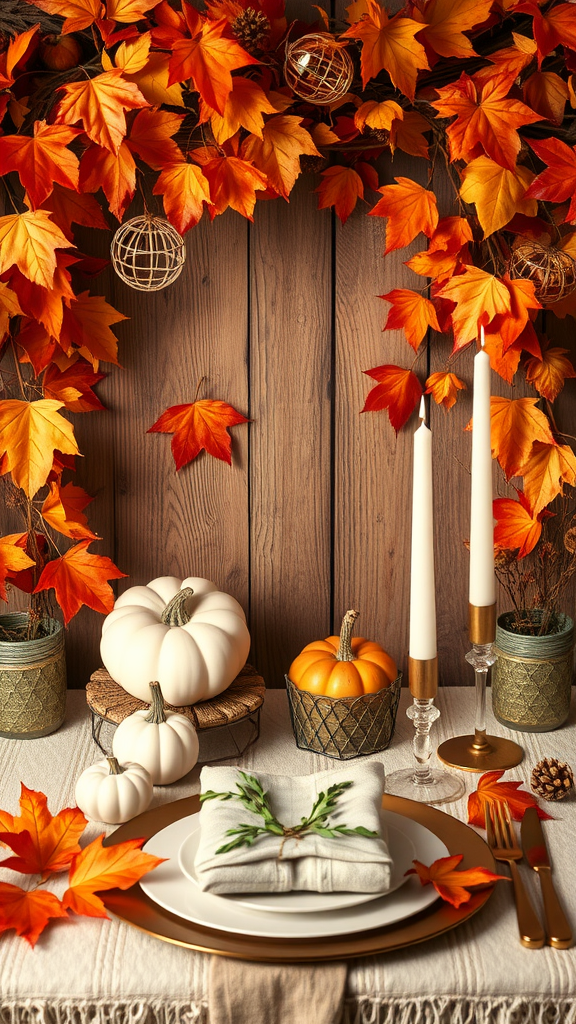 A beautifully arranged autumn table setting with pumpkins, candles, and colorful leaves.