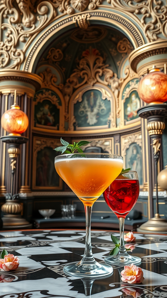 Two cocktails on a beautifully designed table with ornate decor in the background