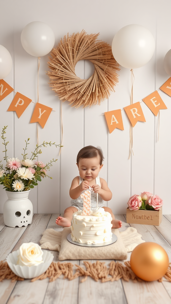 A simple and elegant cake smash area with a baby preparing to enjoy a cake, surrounded by festive decorations. boho themed 1st birthday party