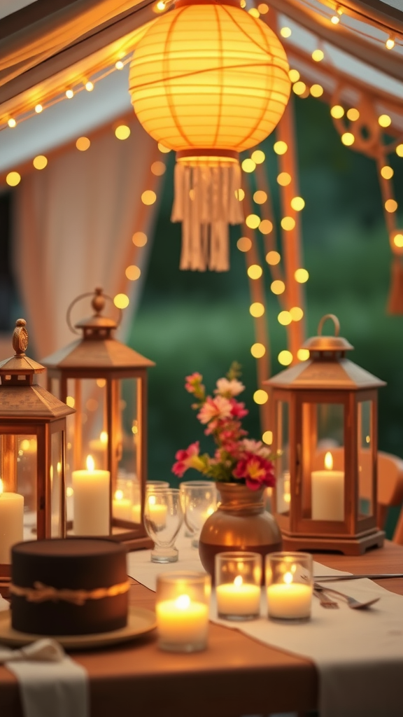 A beautifully arranged table with lanterns, candles, and flowers, creating a warm and inviting atmosphere.