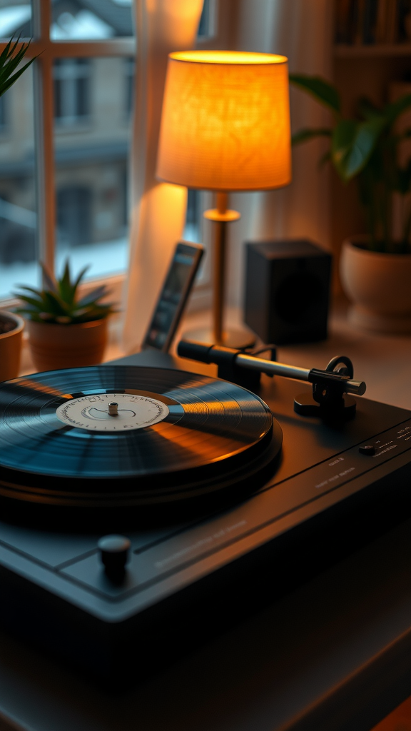 A cozy scene featuring a record player, a warm lamp, and potted plants by the window.