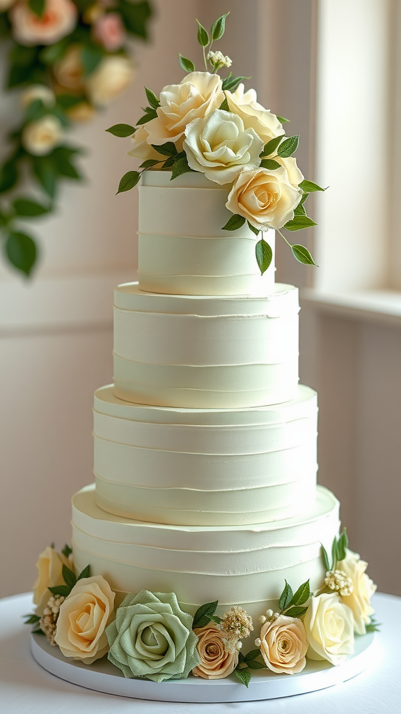 A beautiful three-tiered cake decorated with creamy roses and sage green accents, set against a soft, natural backdrop.