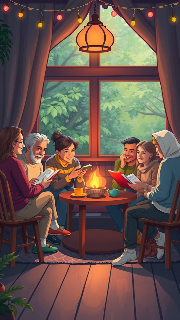 A group of six people reading books by a warm fire in a cozy room, surrounded by plants and a window with greenery outside. Nesting Party