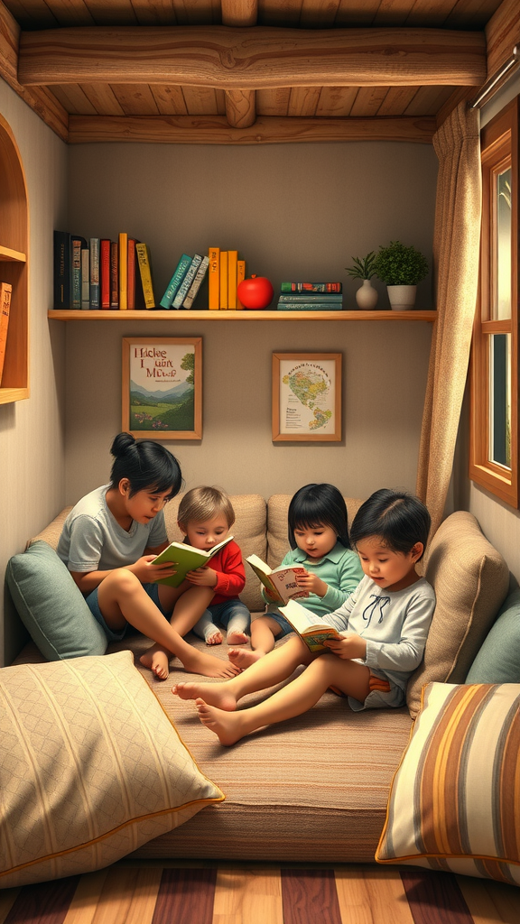 Children reading books in a cozy nesting corner