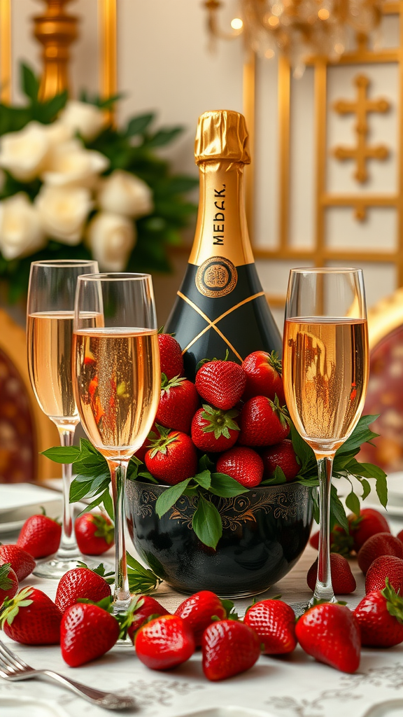 A beautifully arranged table with champagne and strawberries, showcasing elegance and celebration.